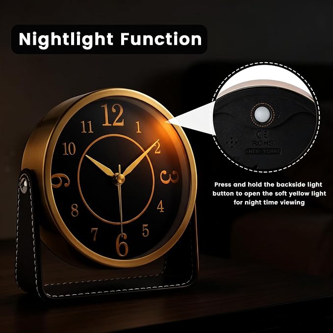 Analog Alarm Clock - 4.5" Silent Non Ticking Small Clock with Light, Rotatable Stand Metal Desk Clock Battery Operated, Simple Design for Living Room Decor/ Bedroom/Bedside/Shelf (Gold & Black)