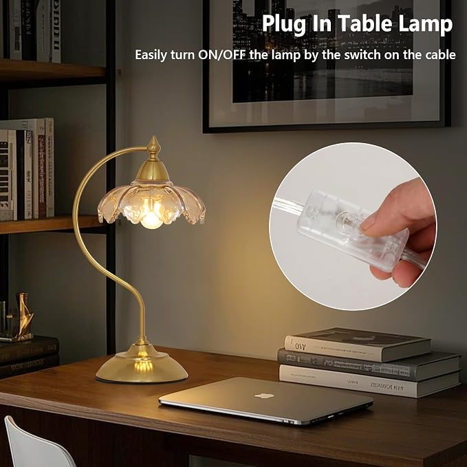 Table Lamps for Living Room, Flower Desk Lamp, Glass Beside Lamp for Nightstand, Gooseneck Small Table Lamp, Mid Century Modern Desk Light, Table Light for Bedroom Home Office Reading (Amber)