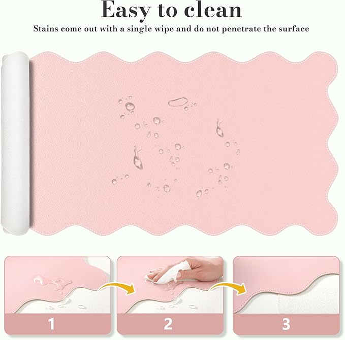 iCasso Pink Leather Desk Mat,Extra Large Scalloped Mouse Pad for Desktop,Waterproof PU Nail Table Mat,Cute Keyboard Mats for Women Girl,Non-Slip Desk Cover Mat for Office Home Dorm