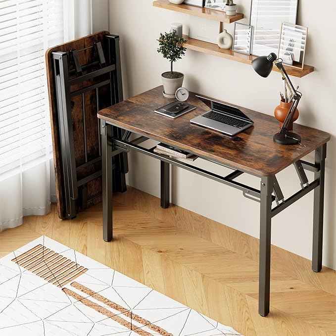BYMECOST 31.5 inches Folding Desk Small Desk, No Assembly Computer Desk with Storage Shelf, No Install Small Foldable Table for Home Office,Study Table for Small Space (Brown, 31.5")