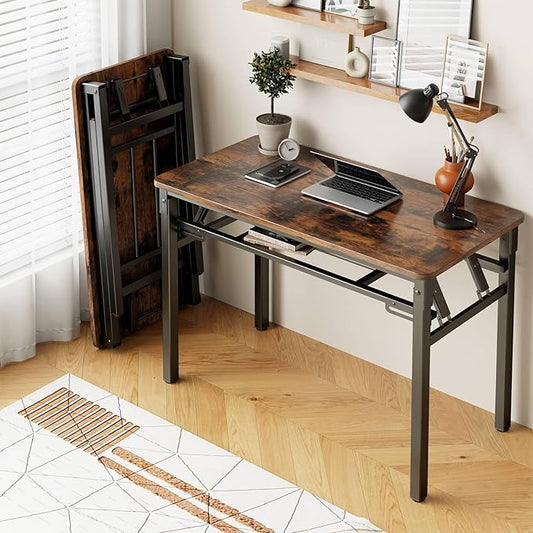 BYMECOST 31.5 inches Folding Desk Small Desk, No Assembly Computer Desk with Storage Shelf, No Install Small Foldable Table for Home Office,Study Table for Small Space (Brown, 31.5")