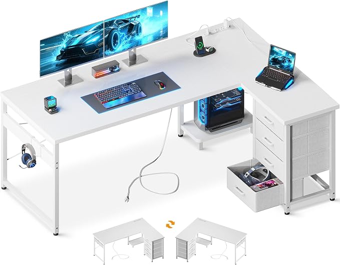AODK 61" L Shaped Gaming Desk with 4 Drawers and Power Outlets, White | USB Ports, PC Tower Stand, Hooks, Reversible Corner Layout for Gaming Rooms, Bedrooms and Home Office