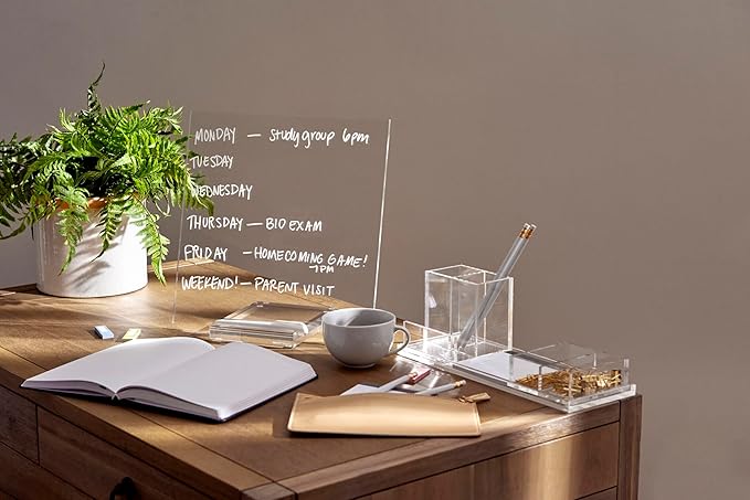 russell+hazel Acrylic Dry Erase Board and Marker, Memo Tablet for Desktop with Stand, Clear Acrylic, 12” x 6” x 11.5” (31384)