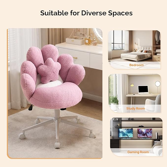 VINGLI Cute Petal Vanity Desk Chair with Star Pillow, Armless Swivel Chair in Vibrant Color-Blocking, Height Adjustable Modern Computer Task Chair for Bedroom & Home Office, Teddy Fleece,Purple