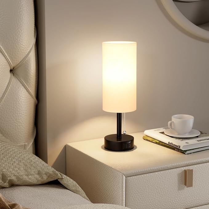 Fenmzee USB Bedside Table Lamps Set of 2-3 Color Temperatures Pull Chain Lamp with USB C and A Charging Ports, Round Night Stand Lamps for Bedroom