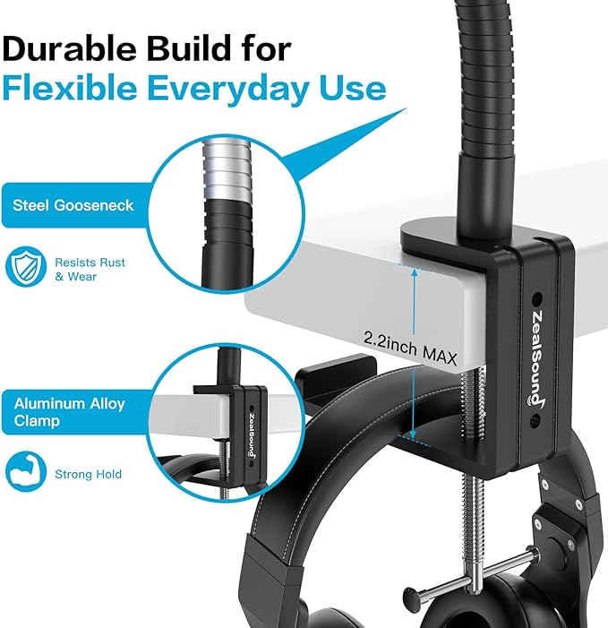 ZealSound Microphone Stand Gooseneck 13”, Flexible Clamp-On Desktop Mic Stand with 360° Adjustable Arm, 3/8" to 5/8" Adapter, Heavy-Duty Desk Mount, for Podcasting, Streaming, Podium & Public Speaking