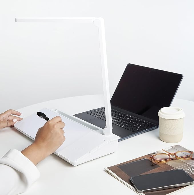 GAROOD Desktop Dry Erase Board with Storage Wireless Charger LED Lamp Desk White Board Desk Board Glass Board with Stand Home Office Organizer Phone Holder 15.8X7X2 inches