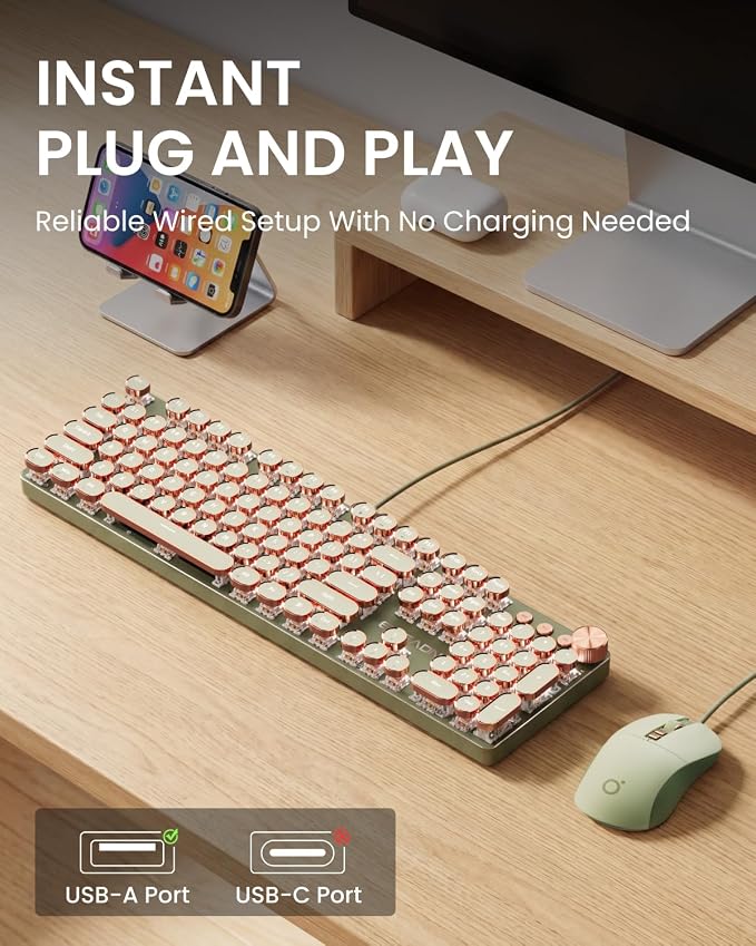 SEUNKWANG Wired Typewriter Keyboard and Mouse Combo, Retro Mechanical Keyboard with Multimedia Knob, White Backlit, Metal Panel, Low Noise Pink Switch Keyboard Mouse Set for PC Laptop - Green