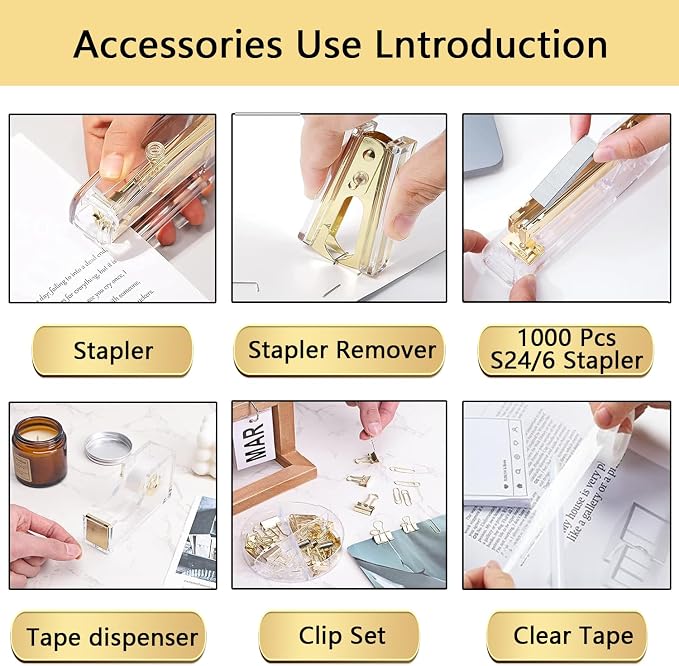 suniya Office Supplies,Gold Desk Accessories,with Stapler,Tape Dispenser,Pen Holder,Scissors,Phone Stand,Staple Remover,Ballpoint Pen,Clear Tape, Staples,Ruler,Clips,Best Gift for Business or Boss