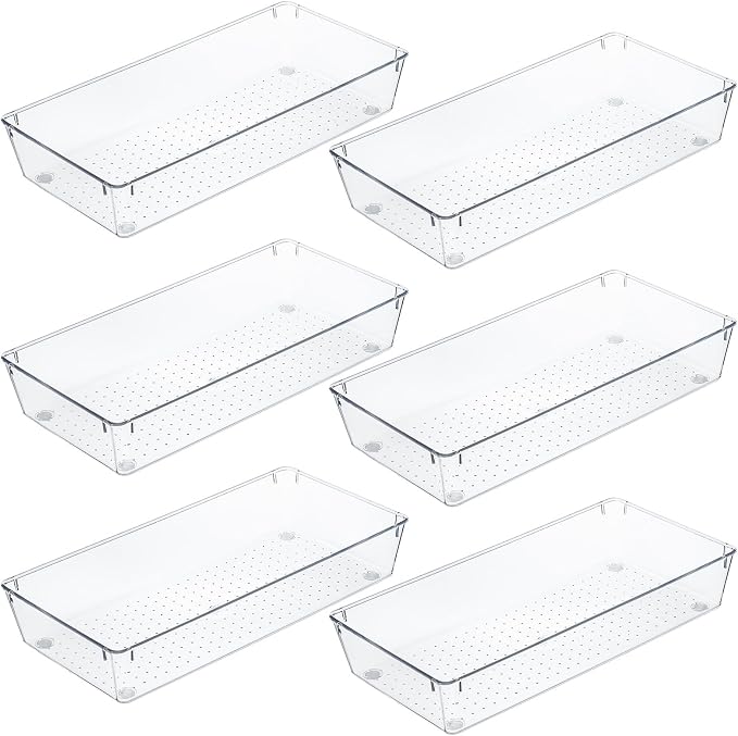 Kingrol 6 Pack 12 x 6 x 2 Inch Clear Drawer Organizer Trays, Desk Drawer Divider Storage Bins, Storage Box Set for Utensils Junks Vanities Makeups Jewelry Office Craft Supplies