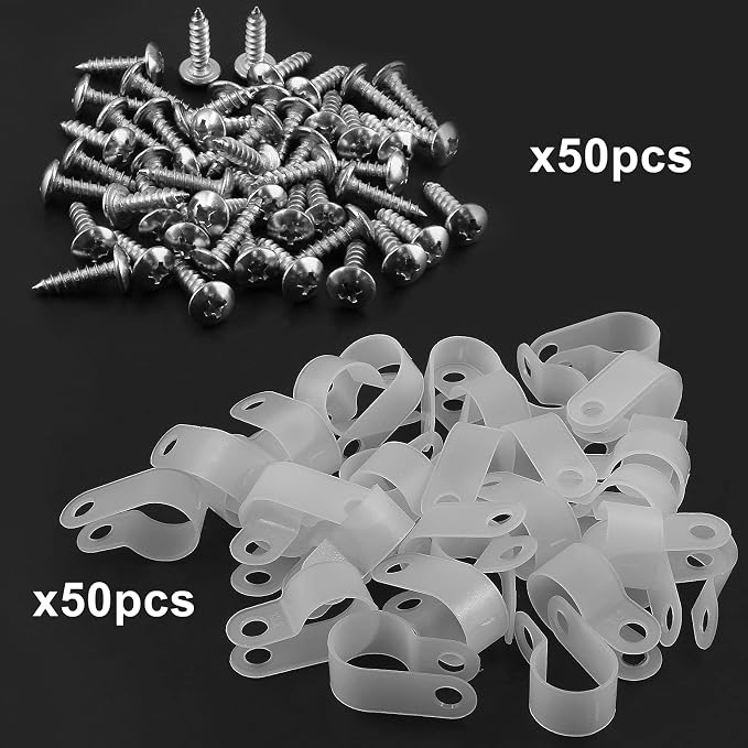 Bonsicoky 1/2 Inch Rope Light P-Style Clips, 50Pcs | With Screws, Cable Clip Wire Clamp, Cable Organizer Cord Holder, For Wire Management