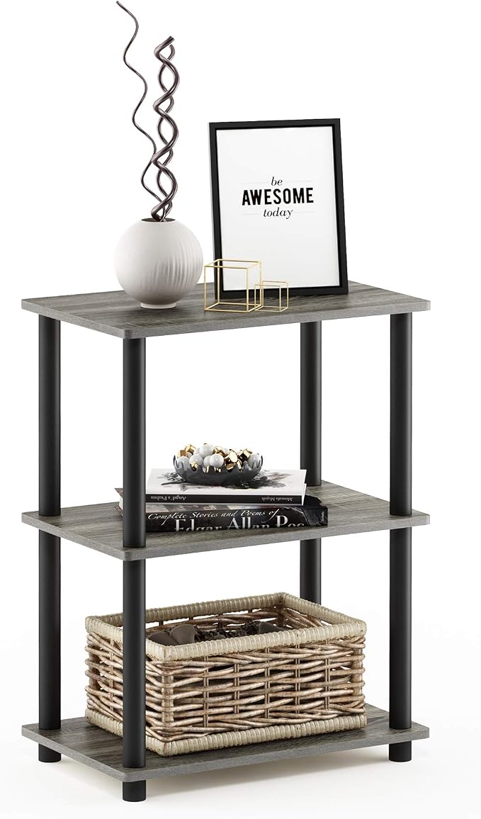 Furinno Turn-N-Tube No Tool 3-Tier Storage Shelf, Narrow, French Oak Grey/Black | Book Shelf, Corner Shelf, Open Shelves, for Organization, Living Room, Garage, Home Office