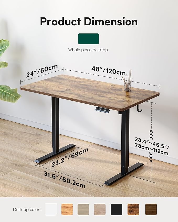 CubiCubi 48 x 24 Large One-Piece Standing Desk, Adjustable Height Electric Computer Home Office Sit Stand up Workstation, with 4 Memory Presets, Headphone Hook, Rustic Brown