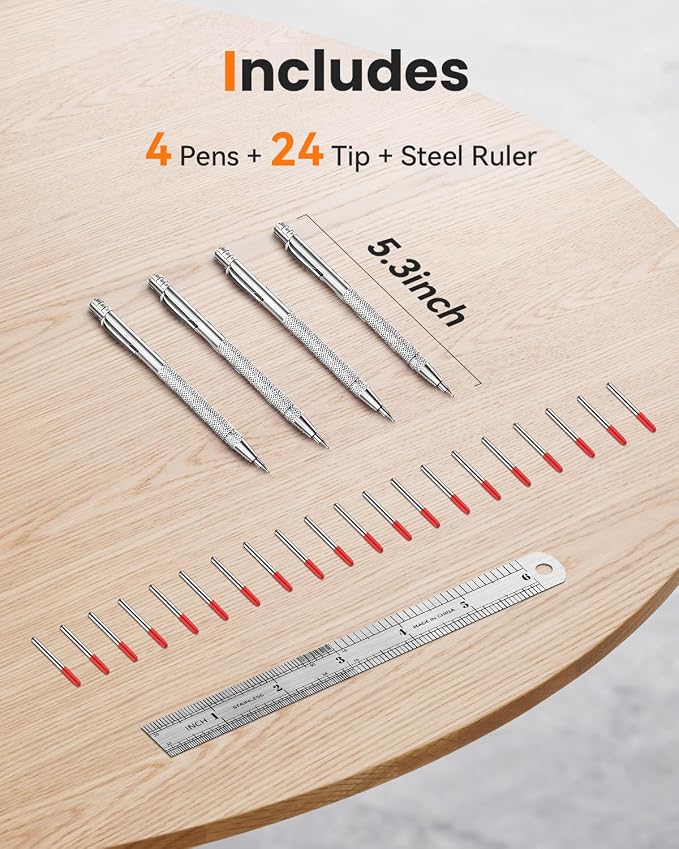 Tungsten Carbide Scriber, Knurled Aluminum Handle, 4-Pack with Bonus Marking Tips and Steel Ruler, Ideal for Detailed Crafting and Carving