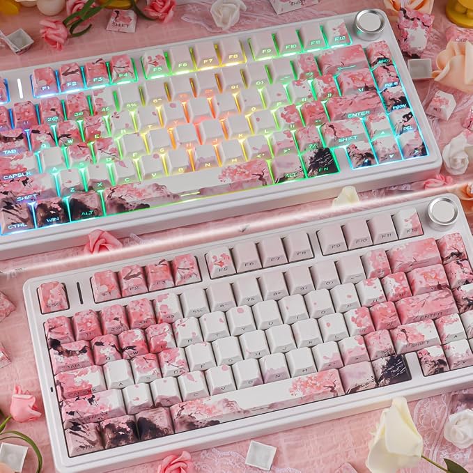 Tsungup PBT Keycaps Cherry Blossom Keycap Set - Custom Landscape Painting Sakura Pink Keycaps,131 Keys Side Print Key caps Cherry Profile Keyboard Key caps for Mechanical Keyboards