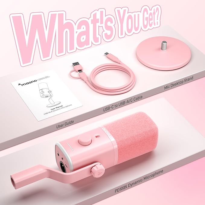 MAONO USB/XLR Podcasting Microphone for PC, Gaming Streaming Dynamic Mic with Mute Button, RGB, Desktop Stand,Computer Mic for Video Studio Recording-PD100X,Pink