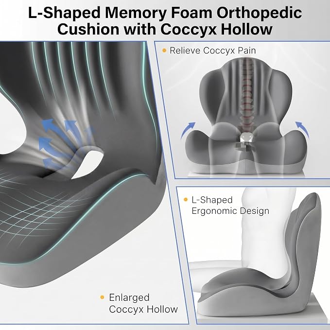 Ergonomic Seat Cushion with Lumbar Support (Grey) | Office Chair Seat Cushion, Memory Foam Orthopedic Cushion with Tailbone Hollow, Sciatica & Back Pain Relief for Long Sitting