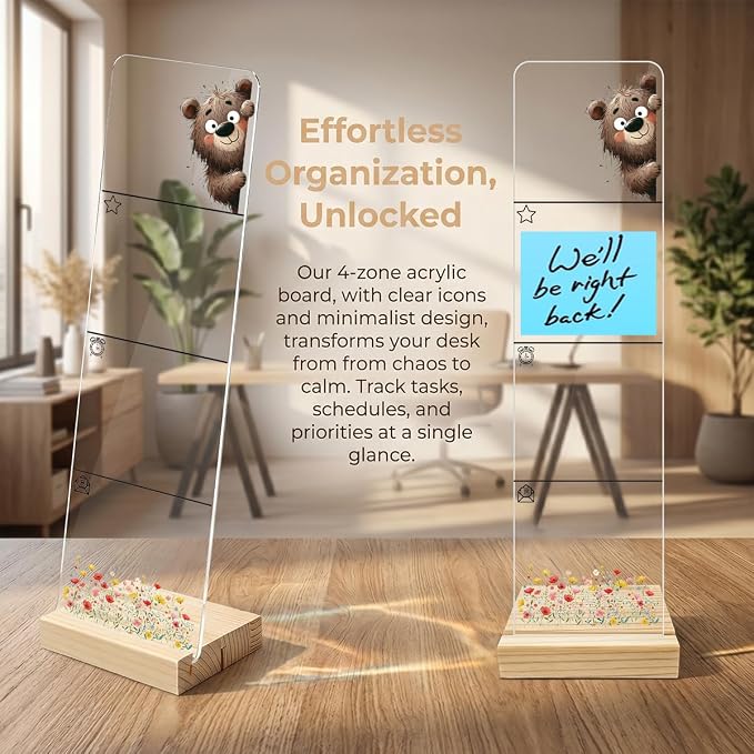 Sticky Note Holder, Monitor Memo Board, Acrylic Post It Note Holder with Wooden Base, Includes 200 Notes, Desk Organizer for Office Cute Bear Design