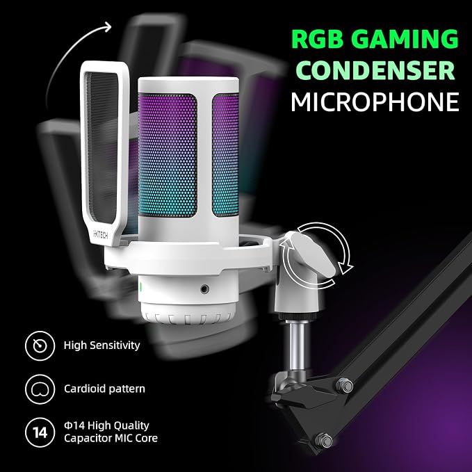 IXTECH Gaming Microphone for PC with Boom Arm, Podcast Condenser Mic with Pop Filter, Quick Mute Button, Gain Knob, Mic Arm and Computer Mic with Gain Control for Streaming Podcasting Recording