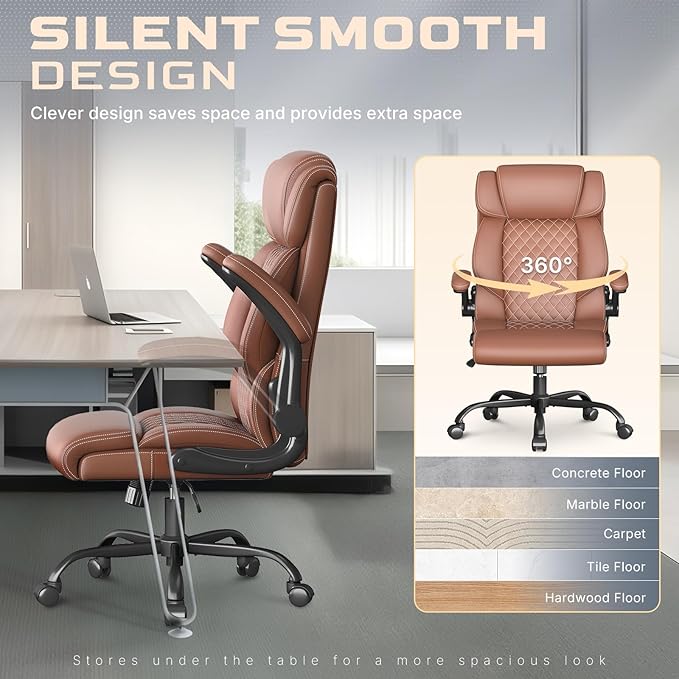 Office Chair-Executive High Back Breathable Big and Tall Office Chair Flip-up Armrests Lumbar Support-Ergonomic Leather Rolling Swivel Chair with Rock Function for Working Studying Gaming,Brown