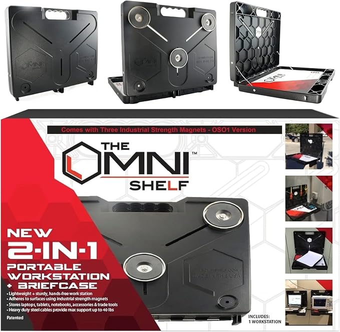 The OmniShelf Magnetic Portable Workstation + Toolbox, Computer & Laptop Stand, Multimeter Case, Utility Shelf w/ 40 lb Capacity, Hands Free Workstation Attaches to HVAC, Trucks & More (3 Count)