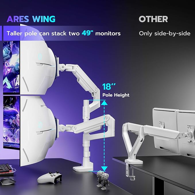 Dual Monitor Arm Desk Mount for 17-49 Inch Monitors, White | Heavy Duty Monitor Mount Stacked Monitor Arm Desk Holds 44 lbs
