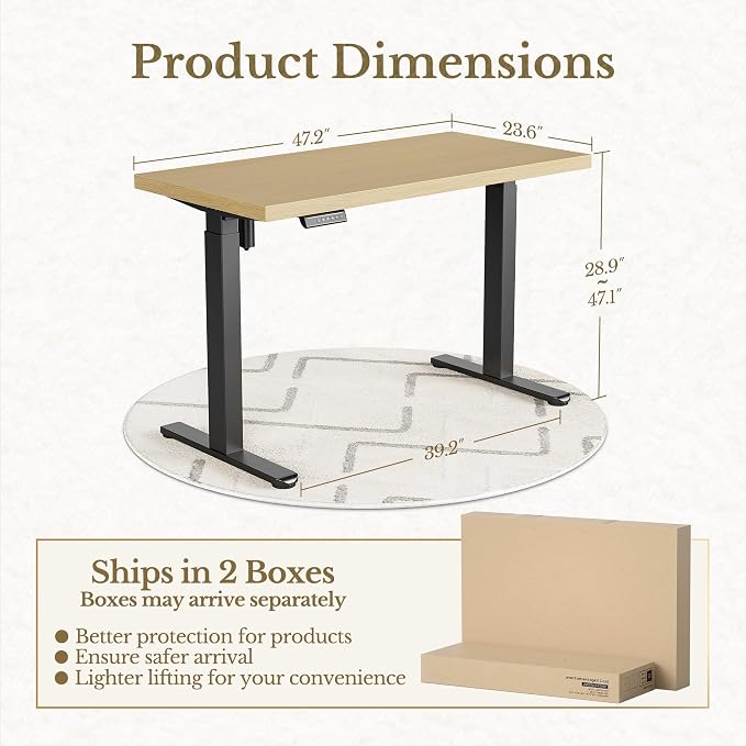 ErGear Electric Standing Desk, 48 Inch Adjustable Height Sit Stand Up Desk with 1.18" Thickness Whole-Piece Desktop, Computer Office Desk for Home Office, Light Walnut