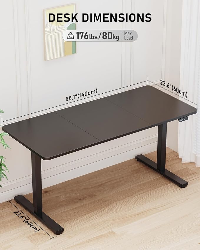55" Electric Standing Desk Adjustable Height, Sit Stand up Desk for Home Office & Computer Workstation, 2 Memory Height Settings, Splice Board, 2 Hooks, Black Frame/Black Top
