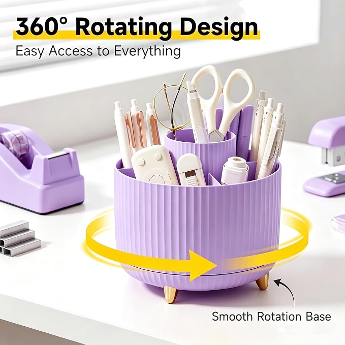 Office Supplies Set Rotating Pen Holder for Desk with Stapler Staple Remover Tape Dispenser 2pcs Tape Refills Binder Paper Clips Kit Scissor Pen Ruler & Sticky Tabs Pink Office School Supplies(Purple)