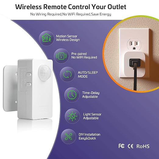 RAYZEEK Wireless Motion Sensor Control Outlet with Light Sensor,No WiFi/No APP, 2 PIR Sensor Switch Control 1 Plug for Christmas Tree Lights,Fans,Household Appliances,10A/1100W
