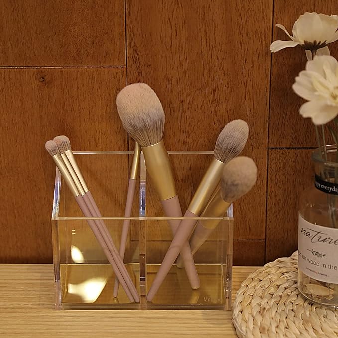 Mouchoi Modern Acrylic Pen Holder with 2 Compartments Gold Base, Multifunctional Pencil Holder for Desk Gold Mirror, Makeup Brush Holder, Marker Holder for Office, Classroom, Home
