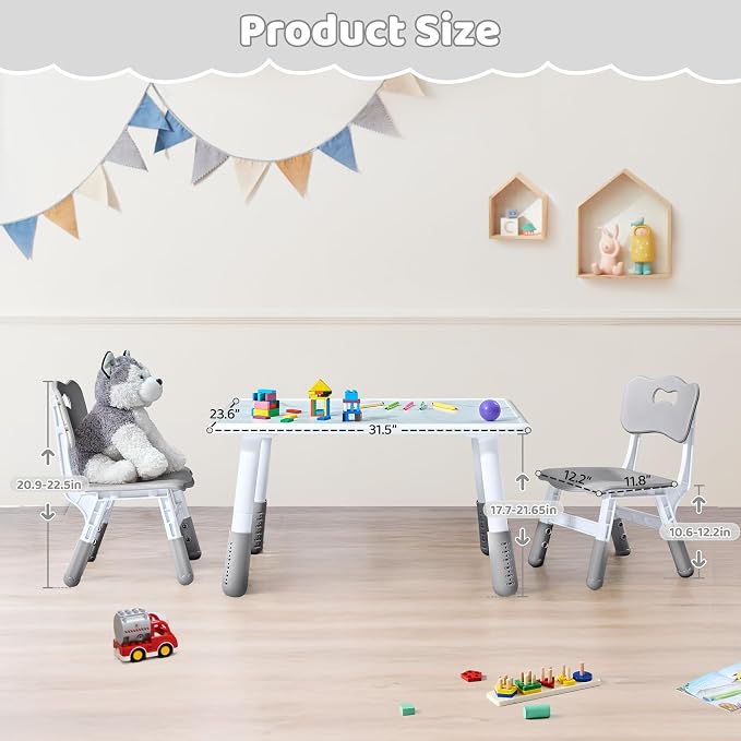 DOREROOM Toddler Table and 2 Chairs Set, Marble Top, No-Screw Legs, Grey | Graffiti Desktop, 31.5"L x 23.6"W, Frameless, Kids Ages 3-8, FSC-certified, Children Activity for Daycare, Classroom, Home