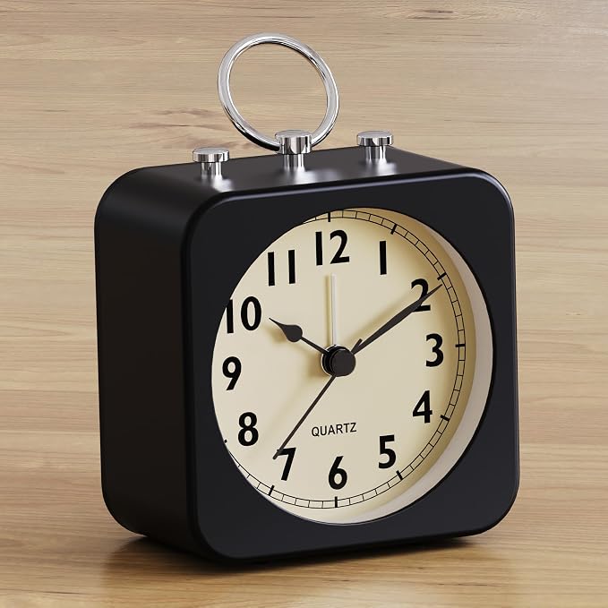 AYRELY® Small Metal Alarm Clock, Desk and Table Clock for Travel | Battery Operated Retro Silent Clock with Light for Bedroom, Bedside, Shelf and Living Room Decor (Black)