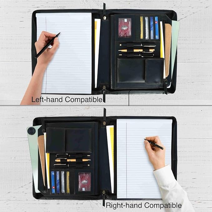 Leather Portfolio for Men, Portfolio Organizer with Zipper for Men Women, Leather Padfolios Business Resume Legal Pad Notebook Binder for A4/Pad (Black)