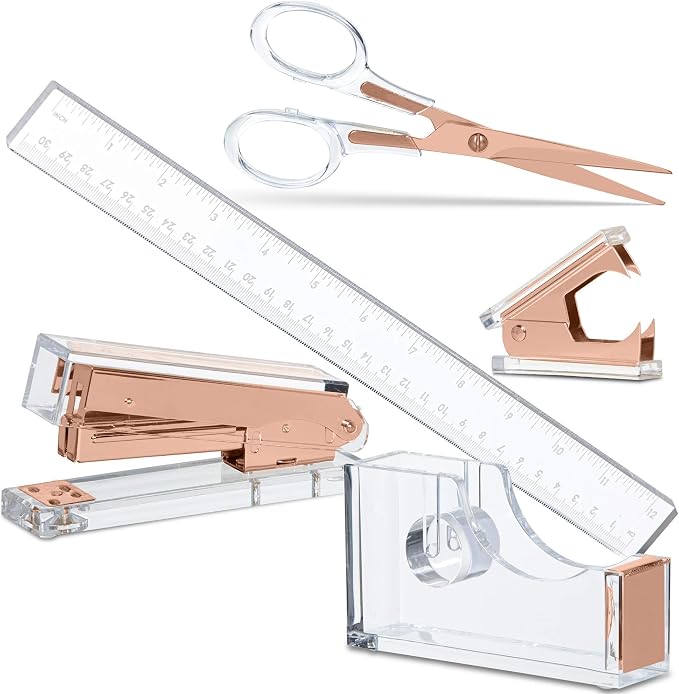 Rose Gold Acrylic Lucite Bundle | Premium Stapler, Tape Dispenser, Scissors, Staple Remover, & Ruler Gift Set | Clear Stationery & Desk Accessories | Modern, High End, Chic, Luxury Office Goods