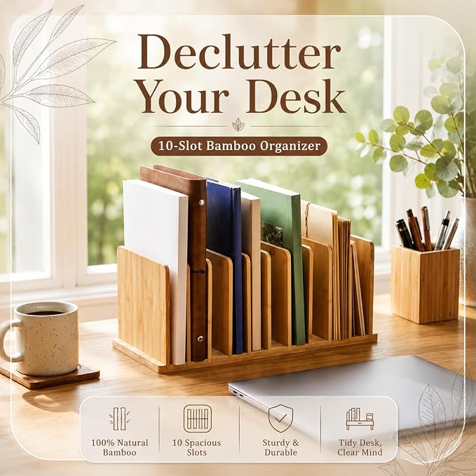Suzile Bamboo File Mail Organizer for Desk, 10 Slot Vertical File Sorter,Letter Sorter, Desktop Mail Holder, Wooden Office Desk Organizer Countertop Paper Holders for Documents, Envelope