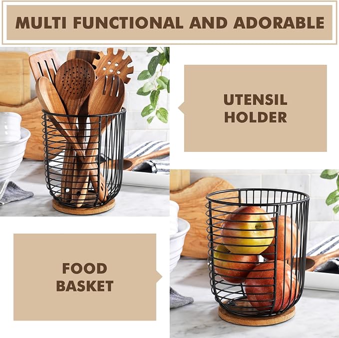 Coffee Pod Holder -Black Wire K Cup Storage with Wooden Base - Large Capacity Slim Design - Modern Coffee Basket Decor for Kitchen Countertop for Keurig Kcups & Espresso Capsules