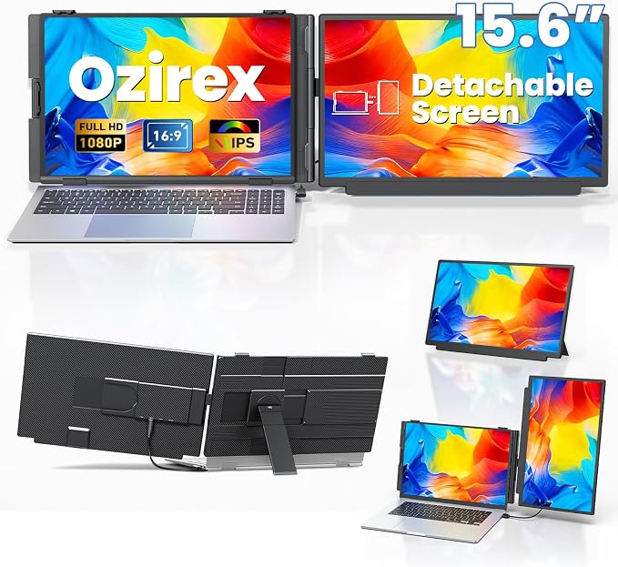 15.6" Detachable Laptop Screen Extender, Ultra-Light Portable Monitor, FHD 1080P Dual Monitor for 14"-17.3" Laptops, Plug & Play Travel Monitor, Compatible with Windows, Mac, ChromeOS, PS5