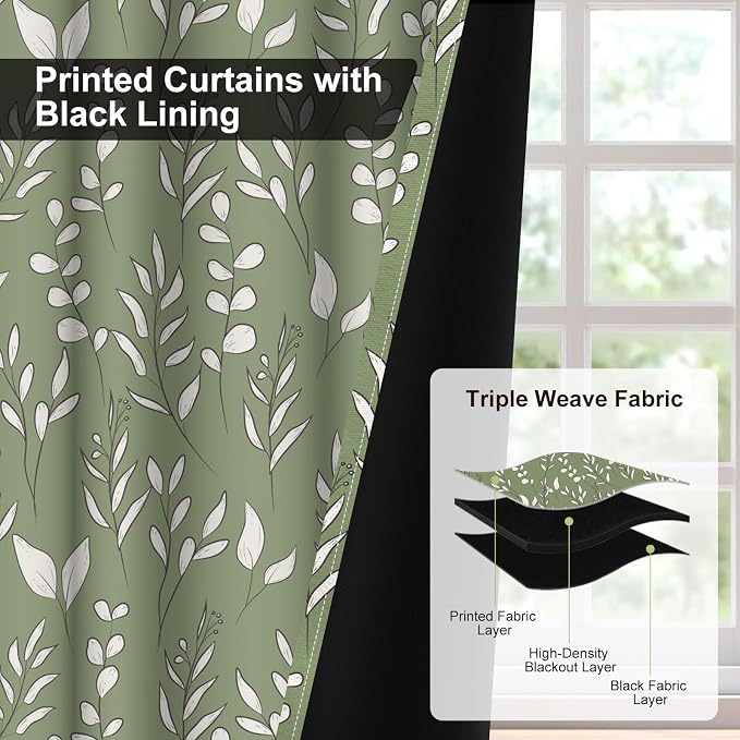 Blackout Curtains for Bedroom Living Room Grommet Thermal Insulated Room Darkening Drapes, Green and White Leaves Print Blackout Curtains 84 Inch Length 2 Panels Set Soundproof Maintain Privacy
