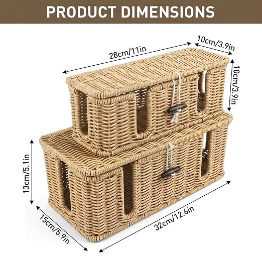 2 Pcs Rattan Cable Management Box, Large Cord Organizer Box with Lid Under Desk Router Hider with 4 Exits, Wire Boxes Hider for TV Wires Computer Surge Protector USB Hub Power Strip(Natural)