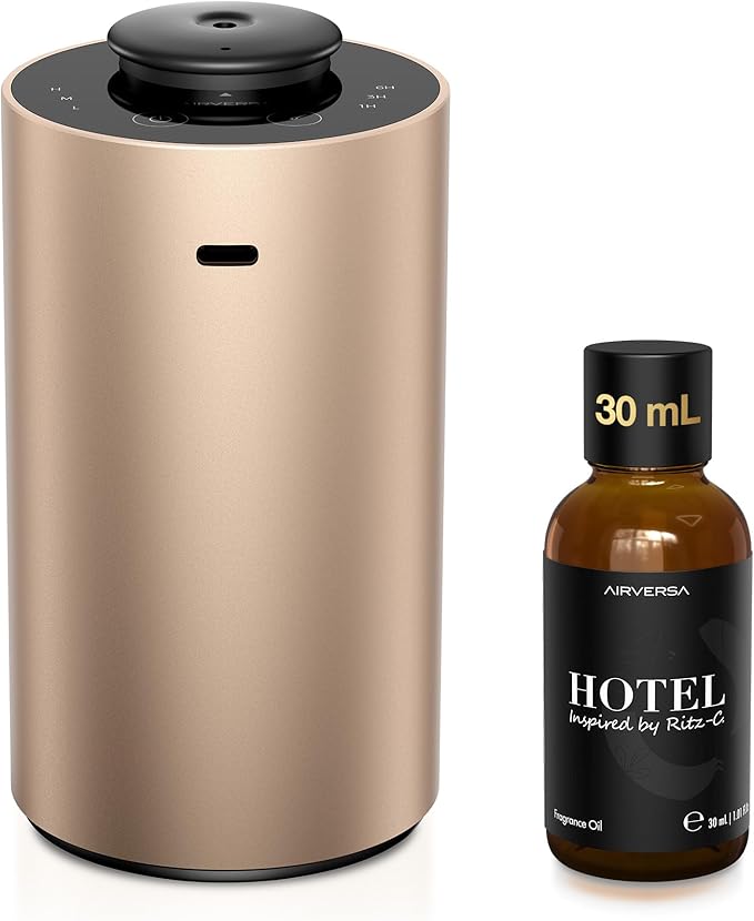 Waterless Essential Oil Diffuser Starter Kit with 30mL Hotel Scent Fragrance Oil Inspired by Ritz-C., Battery Operated Premium Portable Mini Scent Air Machine for Home Car Office, Desert Titanium ANX