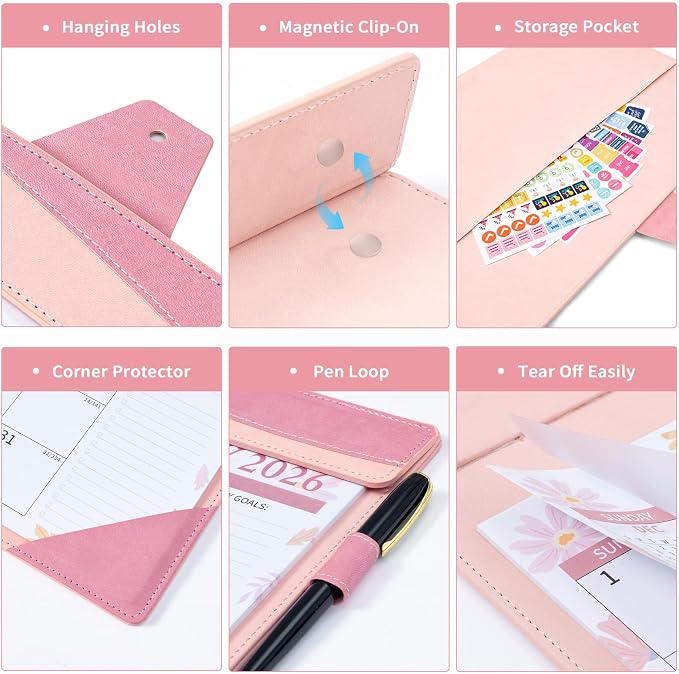 Ospelelf Leather Wall Calendar 2026-2027 with Storage Pocket, 12"x17" Monthly Large Desk Planner Pad with Protective Cover and Sticker for Office School Home, 18 Months January 2026 - June 2027 Pink Floral