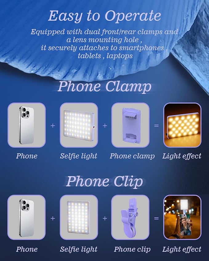60 LED Portable Selfie Light Video Conference Lighting with Clip & Camera Tripod Adapter Rechargeable 2000mAh CRI 97+, 3 Light Modes for Phone iPhone Webcam Laptop Photo Makeup (Dreamy Blue)