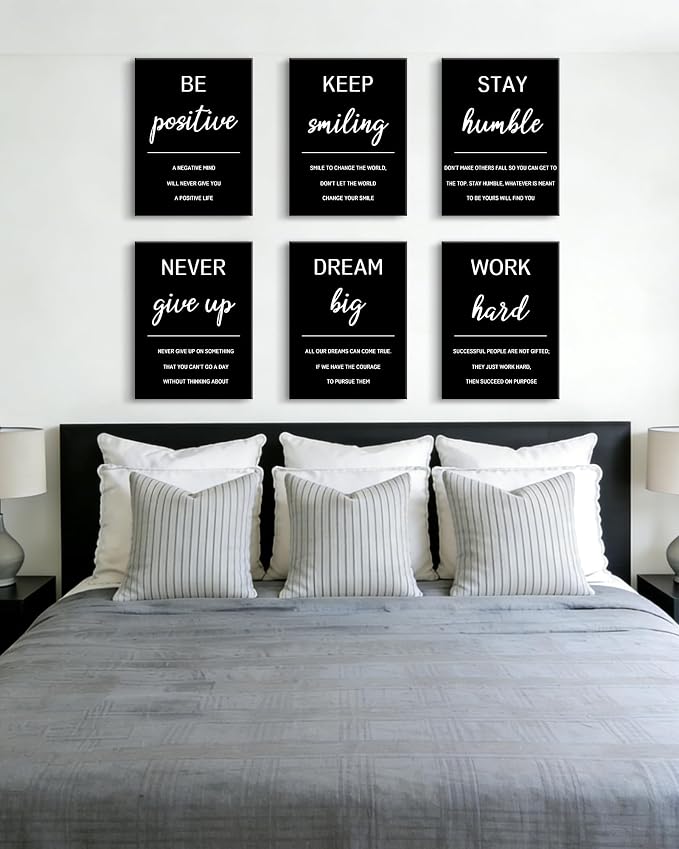 KUVIOKE Inspirational Framed Wall Art Motivational Quotes Wall Decor Encouraging Office Posters Positive Affirmations Sayings for Classroom Bedroom Living Room Ready to Hang Set of 6, 12x16in (Framed)
