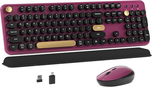 MPTOG Colorful Wireless Computer Keyboard and Mouse Combo with Round Typewriter Keycaps, Retro Design, Power Switch, Ergonomic Design, 2.4GHz Wireless for Windows, Mac, PC（Black-Claret）