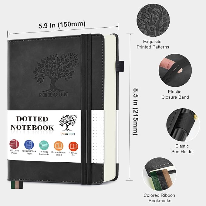PERCUN Dotted Journal Notebook for Men & Women, 160 Pages Dot Grid notebook, A5 Hardcover Leather Bullet Journaling for Writing, Work, School, Travel, Daily Diary 5.9" x 8.5" (Black)