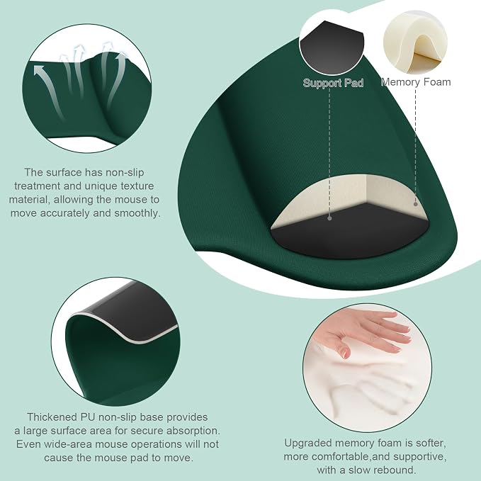 MOSISO Wrist Rest Support for Mouse Pad & Keyboard Set, Ergonomic Mousepad Non-Slip Base Home/Office Pain Relief & Easy Typing Cushion with Neoprene Cloth & Raised Memory Foam, Peacock Green