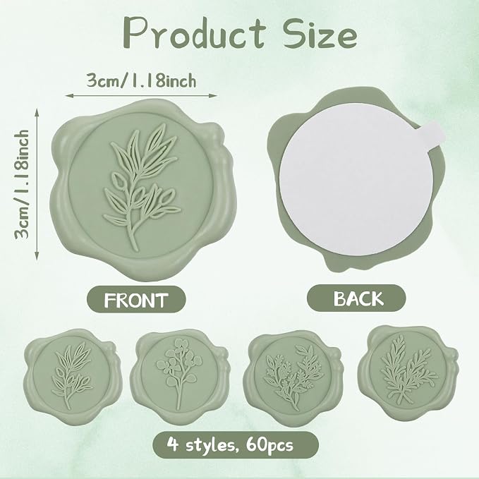 60Pcs Wax Seal Stickers, Wedding Invitation Envelope Seal Stickers Adhesive Backed Sage Green for Wedding, Party,Baby Shower, Gift Wrapping (4 Leaf Styles)