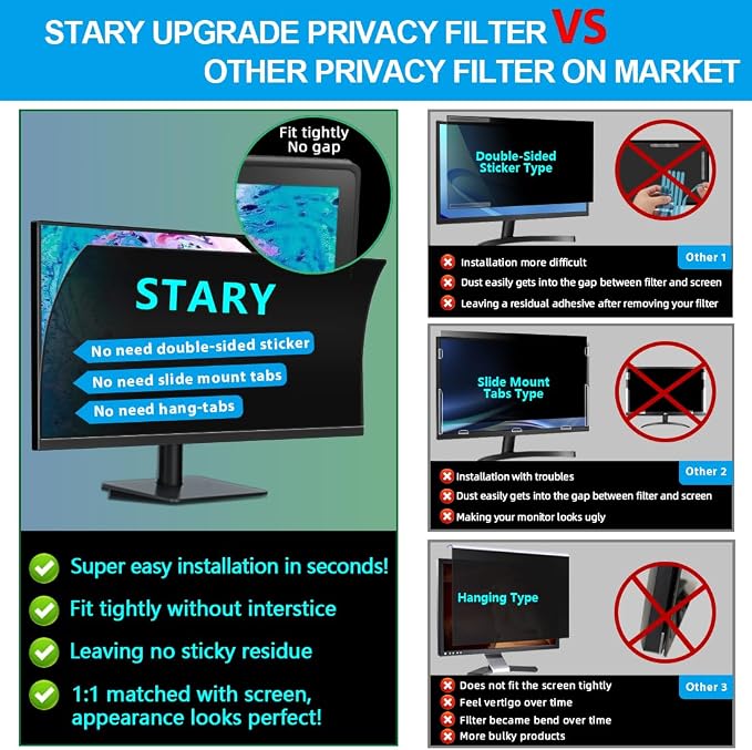 STARY 2-Pack 24 Inch Privacy Screen for Computer Monitor 16:9 Aspect Ratio, Eye Protection, Anti Blue Light, Glare Shield, Removable Black Blackout Anti Spy Desktop Security Private Filter