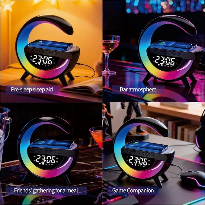 Smart Wireless Charging Table Lamp, Multifunctional Bluetooth Speaker & Alarm Clock - LED Bedside Desk Lamp Night Light for Heavy Sleepers, Superfine Bedroom Home Decoration (Black)